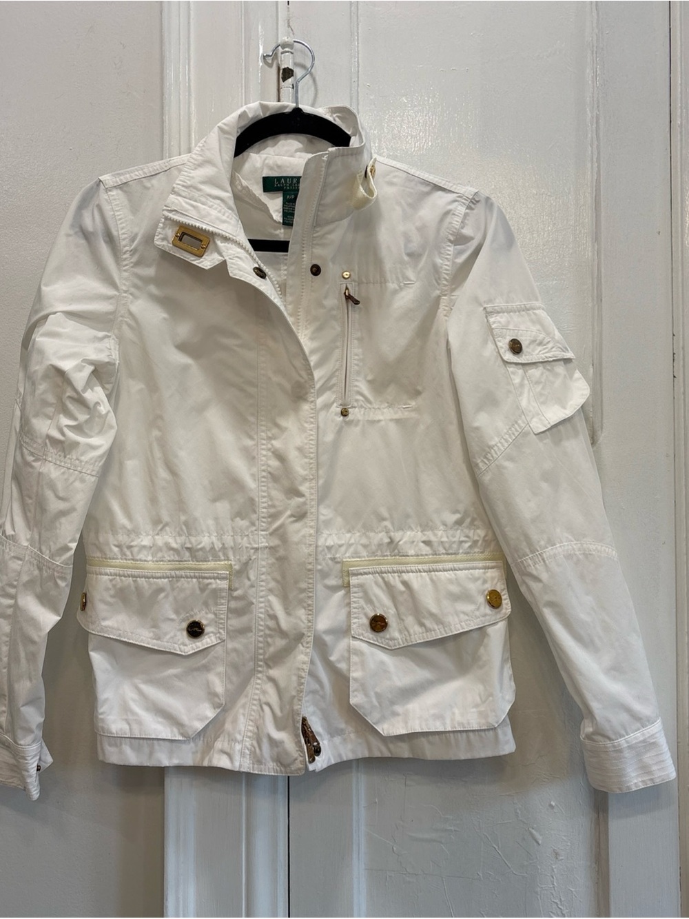 VTG Lauren Ralph Lauren White Utility Windbreaker Jacket Gold Hardware SZ P/P